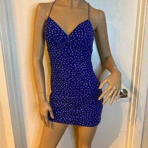 B. Darlin Blue Rhinestone Mini Dress • Strappy Back • Size S